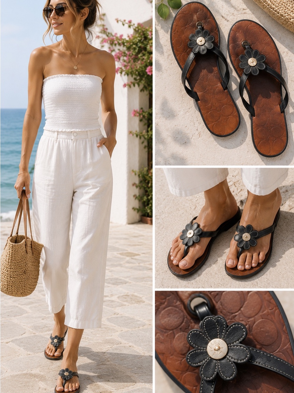 Coach Daisy Flower Leather Thong Sandals Brown Black Size 6